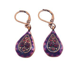 Purple Enamel Copper Teardrop Earrings Red Rhinestones Drop Leverback Boho